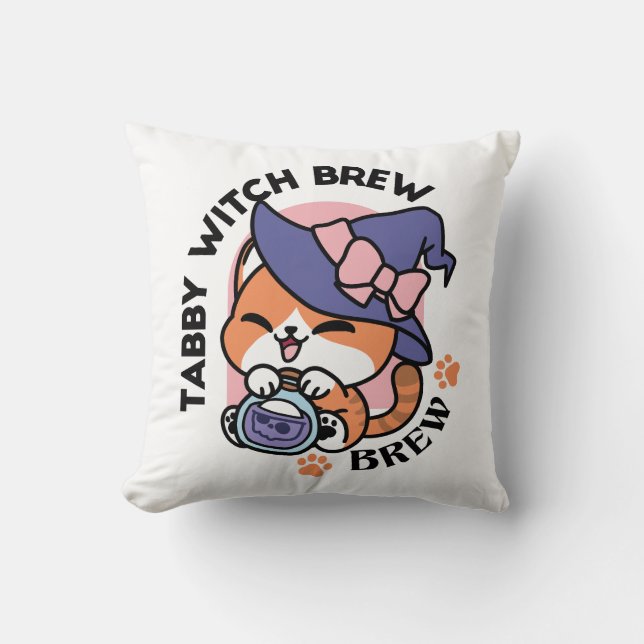 Coussin Tabby Witch Brew – Joli Design de Chat d'Halloween (Recto)
