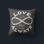 Coussin Tableau de bord Infinity Love Mariage Date et noms<br><div class="desc">Célébrez l'amour infini entre votre mariée préférée et votre marié avec ce coussin personnalisable ! Un symbole d'infinité craie blanche et un texte "Love Always" entourent les noms d'un couple et la date du mariage sur un arrière - plan de tableau noir. Fait un cadeau magnifique,  moderne,  personnalisé.</div>