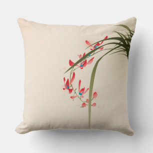 Coussin tableau de style oriental, fleur d'orchidée rouge