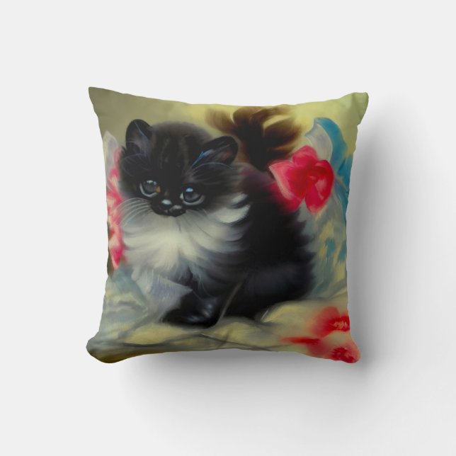 Coussin Tableau vintage de chaton noir et blanc (Recto)