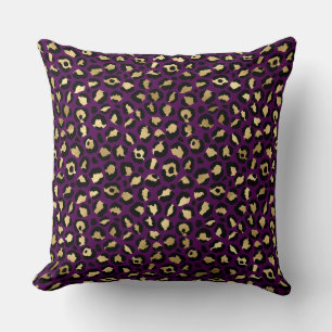 Coussin Taches de léopard en or et violet foncé élégantes