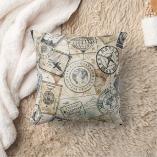 Coussin Tampon de passeport rustique motif voyage (4)