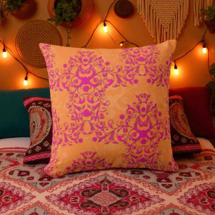 Coussin Tangerine flamboyant tango orange et rose damassé