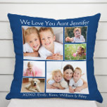 Coussin Tante Love You Photo Collage Bleu<br><div class="desc">Offrez à la meilleure tante du monde un cadeau photo personnalisé amusant. Cet oreiller bleu classique comporte un collage photo de 6 de ses nièces, neveux, famille, animaux domestiques, etc, leurs noms et "We Love You" ou "I Love You" et si elle est appelée "Tante", "Tia", etc, dans la typographie...</div>