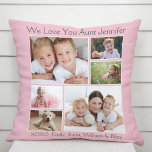 Coussin Tante Love You Photo Collage rose<br><div class="desc">Offrez à la meilleure tante du monde un cadeau photo personnalisé amusant. Cet oreiller de jeton rose présente un collage photo de 6 de ses nièces, neveux, famille, etc., leurs noms et "We Love You" ou "I Love You" et si elle est appelée "Tante", "Tia", etc, dans la typographie moderne...</div>