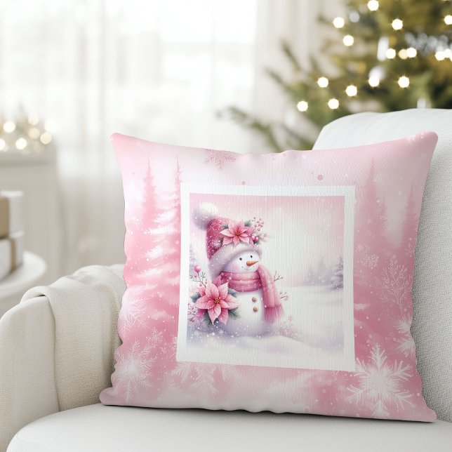 Coussin Tapisserie de Noël Bonhomme de Neige Rose Enchanté (Enchanted Pinkmas Pillow Snowman Winter Magic)