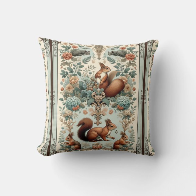 Coussin Tapisserie d'écureuil de la forêt victorienne (Recto)