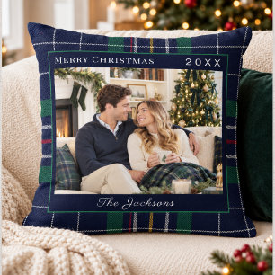Coussin Tartan à carreaux bleu vert Photo Noël