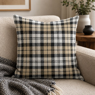 Coussin Tartan à carreaux classique tan noir blanc