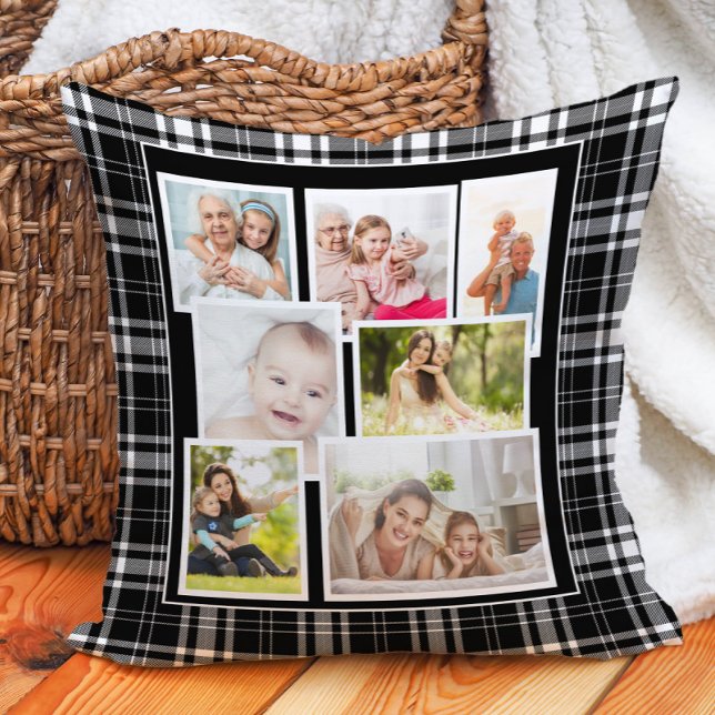 Coussin Tartan blanc noir blanc témoin 7 photo (Black and white buffalo plaid checkered 7-photo decorator pillow. Printed on both sides.)