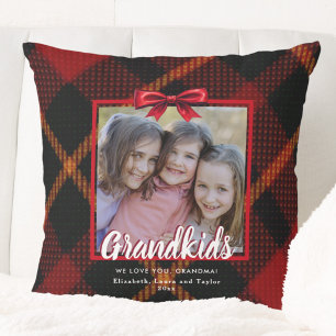 Coussin Tartan de Noël à ruban rouge pour petits-enfants P