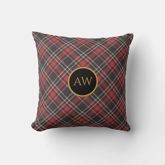 Coussin Tartan Monogramme Noir Rouge et Crème (Recto)