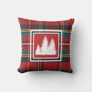 Coussin Tartan Rouge Plaid Avec Silhouette Arbre Pin