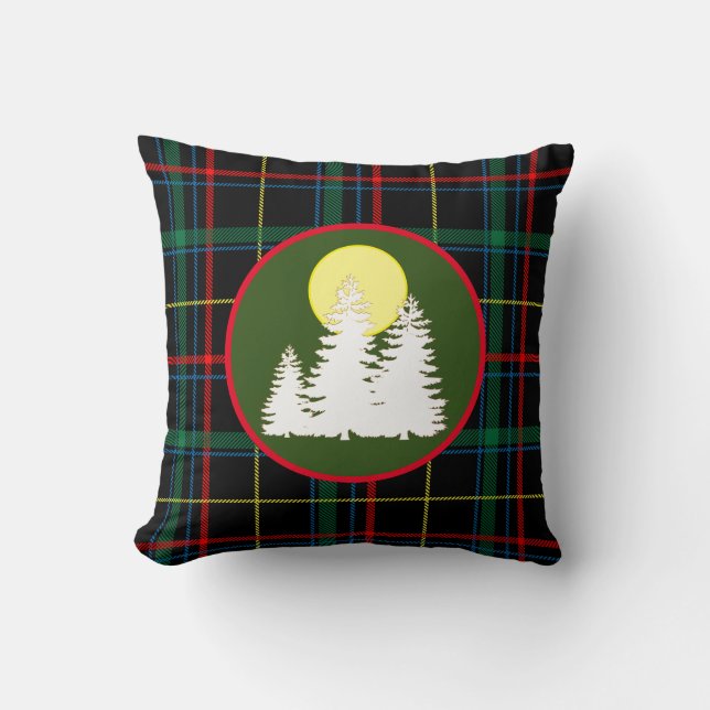 Coussin Tartan Vert Plaid Avec Pine Tree Silhouette Th (Recto)
