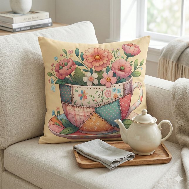 Coussin Tasse à thé patchwork aux fleurs fantaisistes (Patchwork Teacup with Whimsical Flowers Throw Pillow Mockup A)