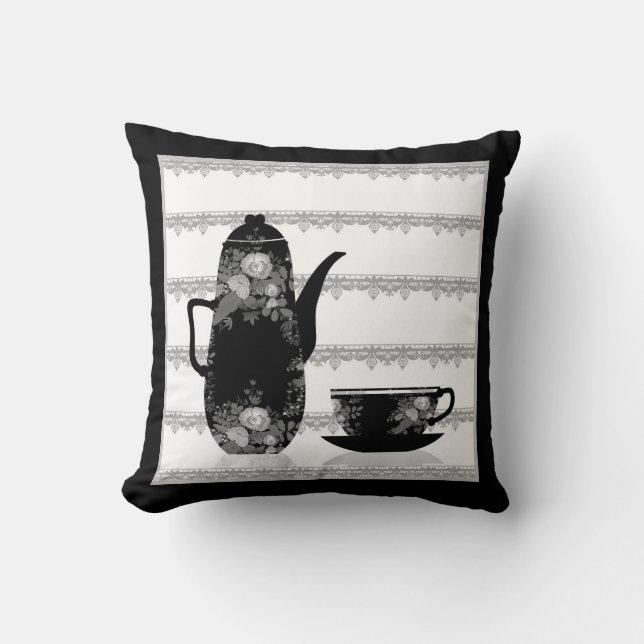 Coussin Tasse café thé noir blanc illustration rétro (Recto)
