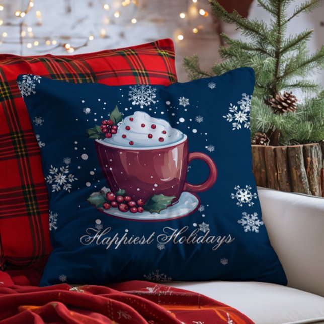 Coussin Tasse de chocolat chaud de Noël | Bleu (Blue Christmas Cup of Hot Chocolate Throw Pillow)