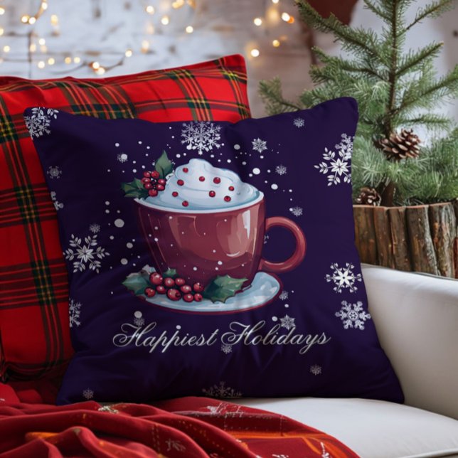Coussin Tasse de chocolat chaud de Noël | Violet (Purple Christmas Cup of Hot Chocolate Throw Pillow)