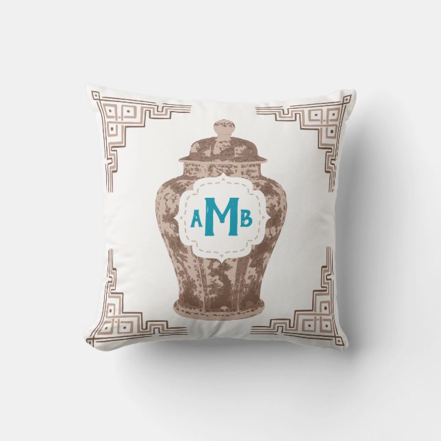 Coussin Taupe Chinoiserie Ginger Jar Monogramme (Recto)