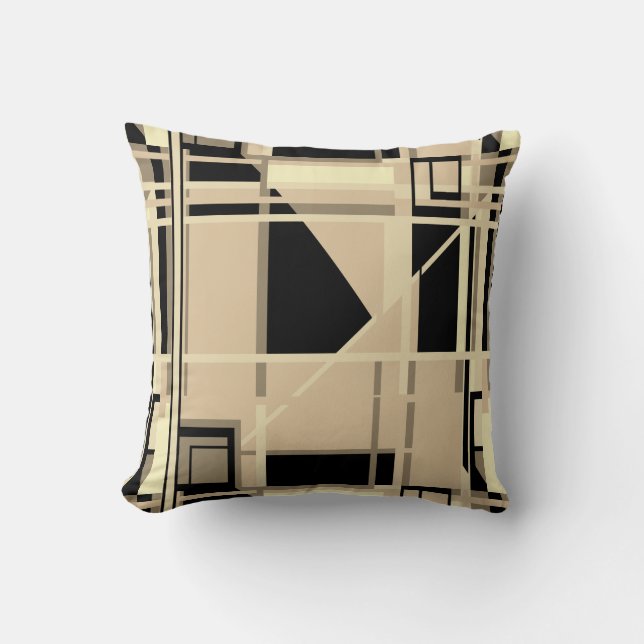 Coussin Taupe Noir Jaune Riche Tan Labyrinthe Abstrait (Recto)