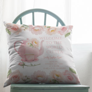 Coussin Tea Party Baby Girl Birth Stats Floral Keepsaké
