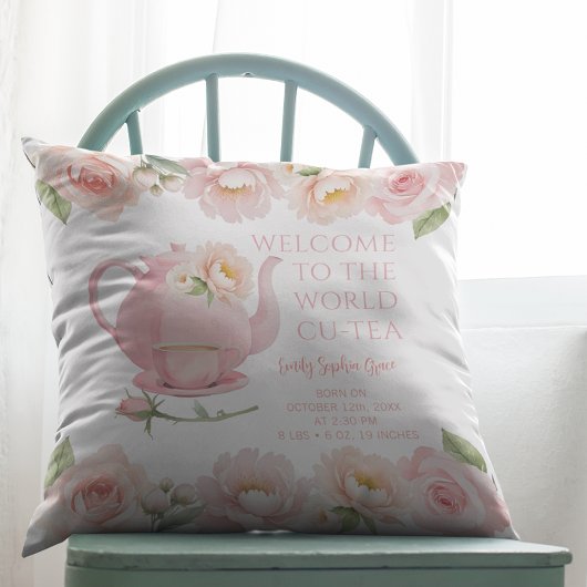 Coussin Tea Party Baby Girl Birth Stats Floral Keepsaké