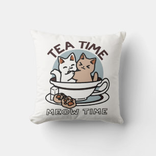 Coussin Tea Time Meow Time - Cute Cat and Tea Design