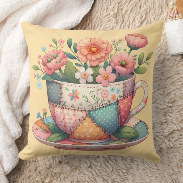 Coussin Teacup Patchwork avec Fleurs Whimsical (Couverture)