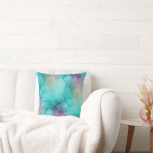 Coussin Teal Aqua Violet Art Fluid Marbré Aquarelle