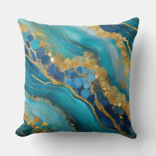Coussin Teal bleu doré élégant faux marbré