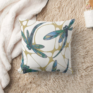 Coussin Teal & Emerald Dragonflies on Retro Yellow Groove