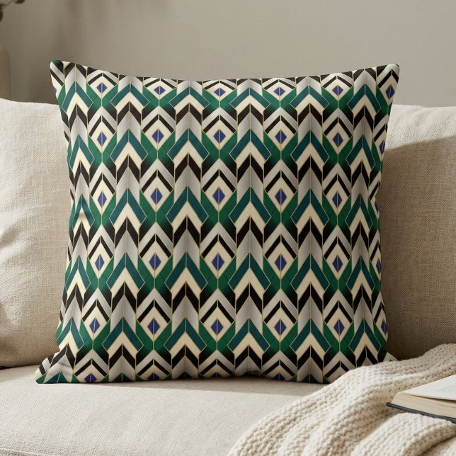Coussin Teal Gold Art Deco Chevron Pattern (Créateur téléchargé)