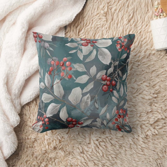 Coussin Teal Green, Blue Pillow with Berries (Couverture)