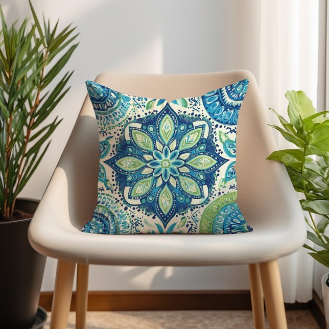 Coussin Teal Navy Lime Mandela Bohème (Teal Navy Lime Mandela Boho Throw Pillow)