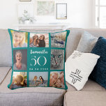 Coussin Teal personnalisé collage photo anniversaire<br><div class="desc">Un cadeau unique pour un 21ème anniversaire,  célébrant sa vie avec un collage de 8 de vos propres photos,  photos. Personnalisez et ajoutez son nom,  son âge et sa date. Couleur d'arrière-plan en teal,  texte blanc. Le nom est écrit avec un script de style moderne écrit à la main.</div>