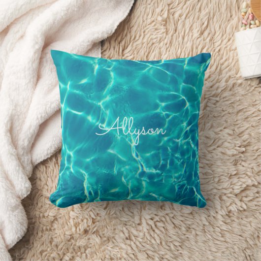 Coussin Teal Pool Water, White Name or Monogram (Couverture)