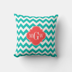 Coussin Teal White Chevron Coral Quatrefoil 3 monogram