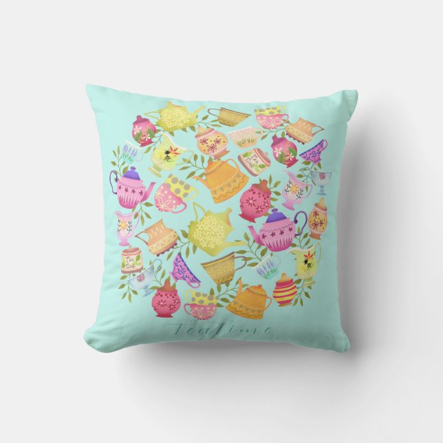 Coussin Teapots et tasses Aqua (Recto)
