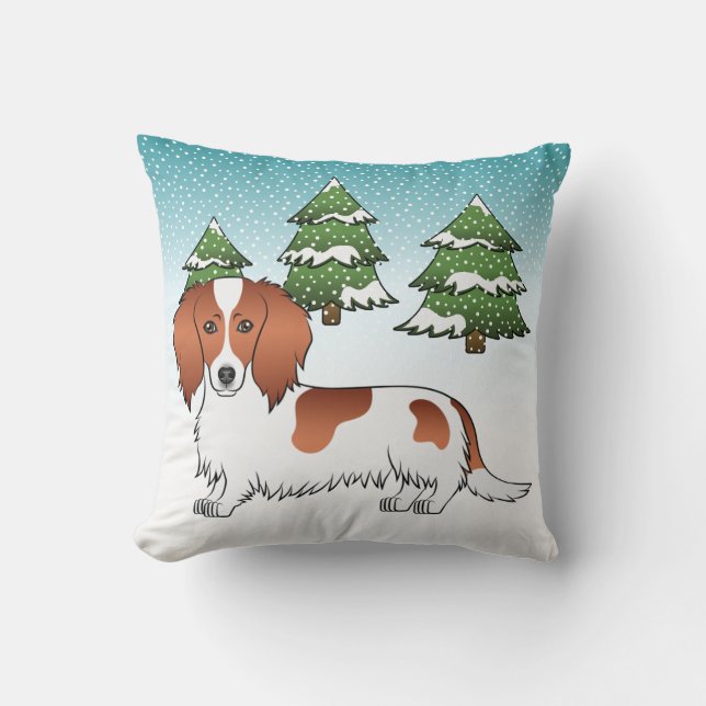 Coussin Teckel à poil long pied rouge - Forêt d'hiver (Recto)