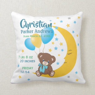 Coussin Teddy Bear assis sur la Lune Baby Birth Statistiqu
