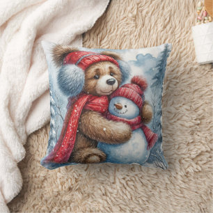 Coussin Teddy Bear frappe un Snowman