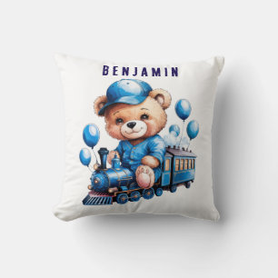 Coussin Teddy Bear On a Blue Train Boy Baby shower Don