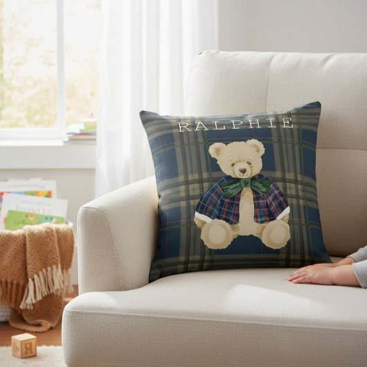 Coussin Teddy Bear Plaid Nursery Decor Throw Pillow