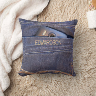 Coussin Téléphone en jean bleu poche monogramme nom cool