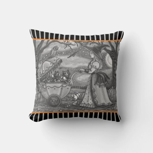 COUSSIN TÉMOIN, CHAT NOIR BÉBÉ BUGGY HALLOWEEN JETER PILLO (Recto)