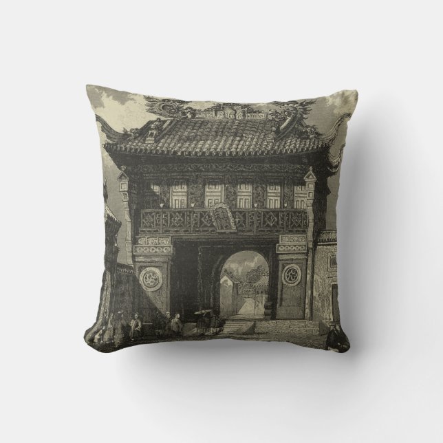 Coussin Temple impérial asiatique en noir et blanc (Recto)