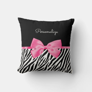 Coussin Tendance Zebra Print Chic Hot Rose Bow et nom