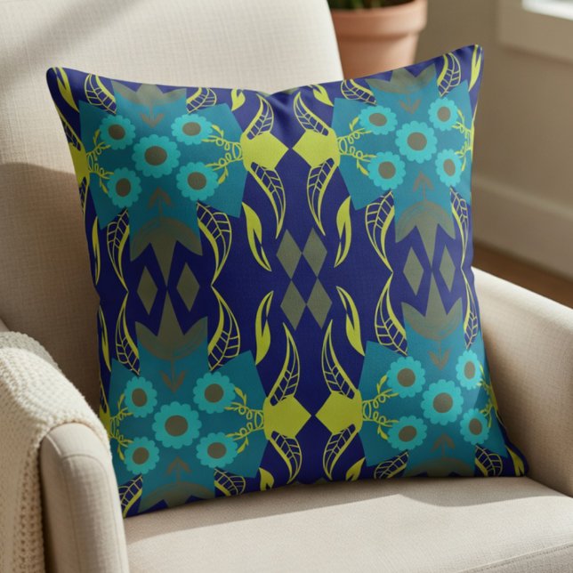 Coussin Ténèbres de turquoise et de marine  (A fun mix of teal, green, and yellow for a fresh look. It's modern yet chic.)