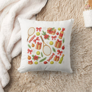 Coussin Tennis Noël thème avec des cadeaux raquette et bal