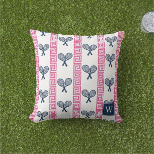 Coussin Tennis Rayure Clé Grecque - Monogramme Navy & Rose